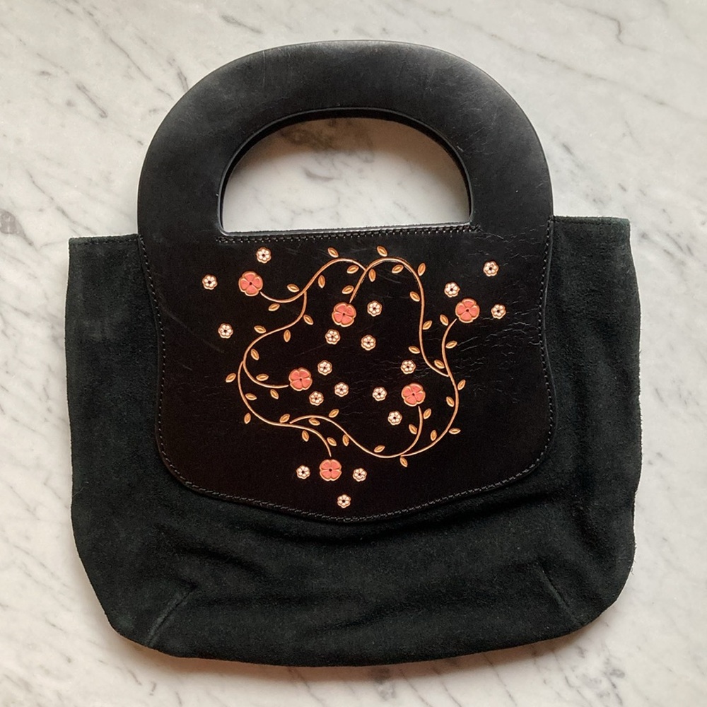 Vintage DKNY Black Suede Purse With Embossed Floral Handles - Picture 2 of 12